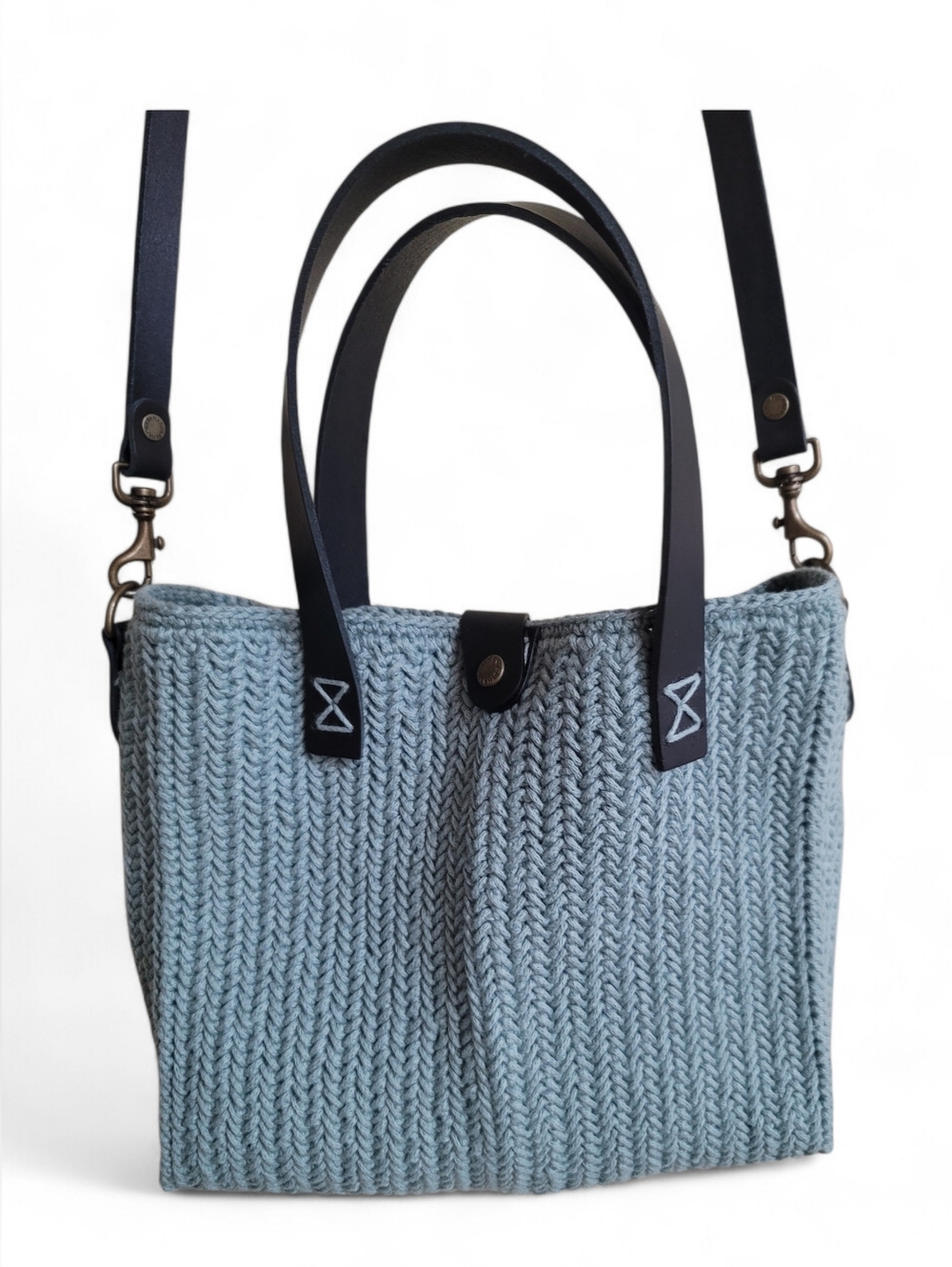 Light Blue And Cream Crochet Crossbody Bag  with  Leather Straps and Magnetic Sn